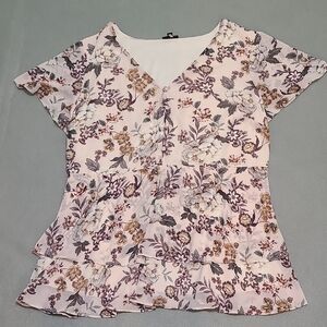 TORRID Pink Short Sleeve Floral Chiffon V-Neck Tiered Babydoll Blouse - Size 1X